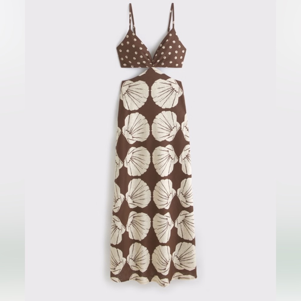 Brown and White Polka Dot and Seashell Print Dress
